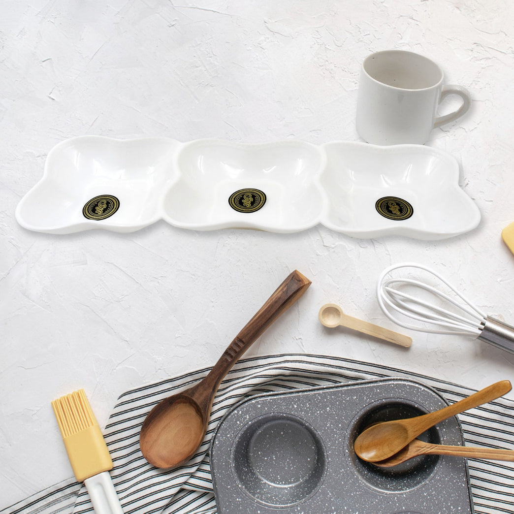 Triple Mazza Ceramic Tea Cups Set Including 3 Compartment Plastic Serving Platter (4 Pcs Set)