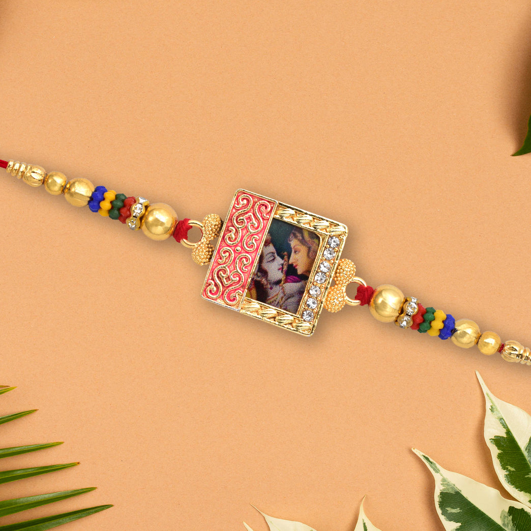 Radha Krishna Rakhi With Ornate Frame Colorful Beads