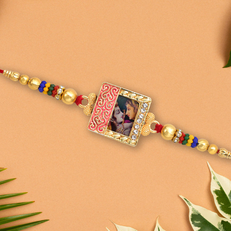 Radha Krishna Rakhi With Ornate Frame Colorful Beads