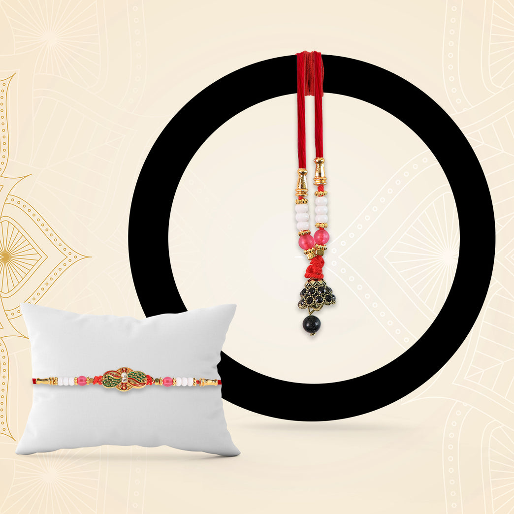 Elegant Bhabhi Lumba Rakhi With Butterfly Design Beaded Tassels Pink Stone Work