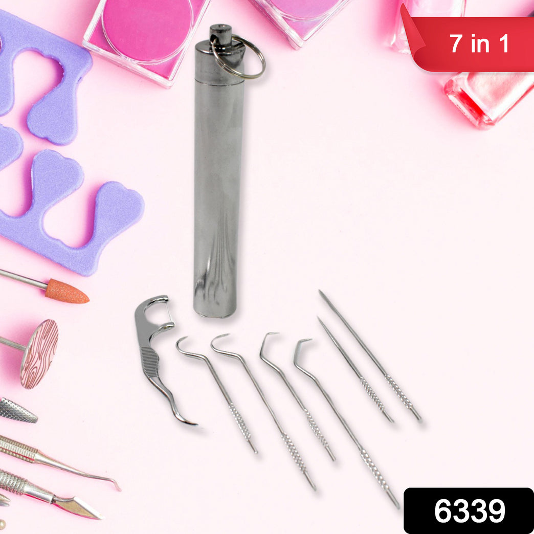 7 In 1 Stainless Steel Toothpick Flossier Set (1 Set With Case)