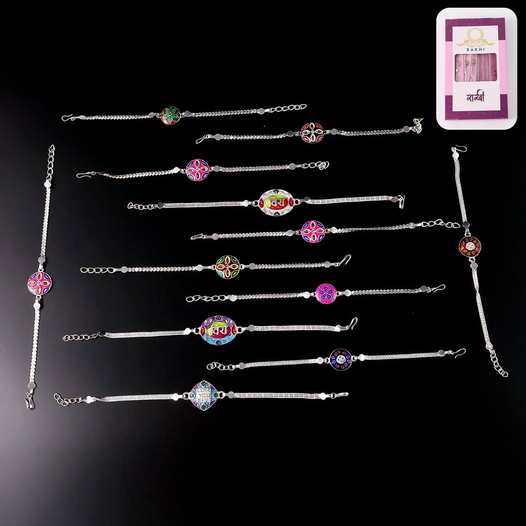 Pack Of 12 Silver Chain Rakhis Stylish Bracelet Rakhi Set For Brothers