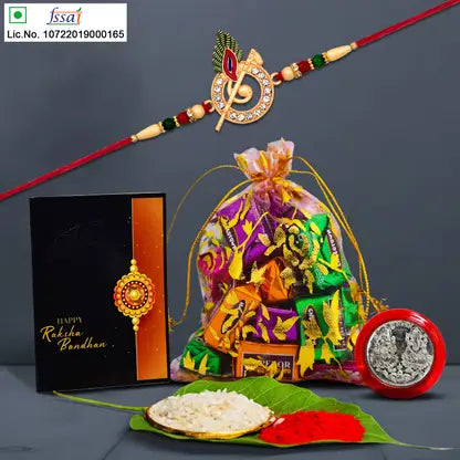 Rakhi Gift Combo With 1 Designer Rakhi For Brother Includes Assorted Chocolates Pouch (10 Pcs) Silver Coin Roli Chawal Greeting Card