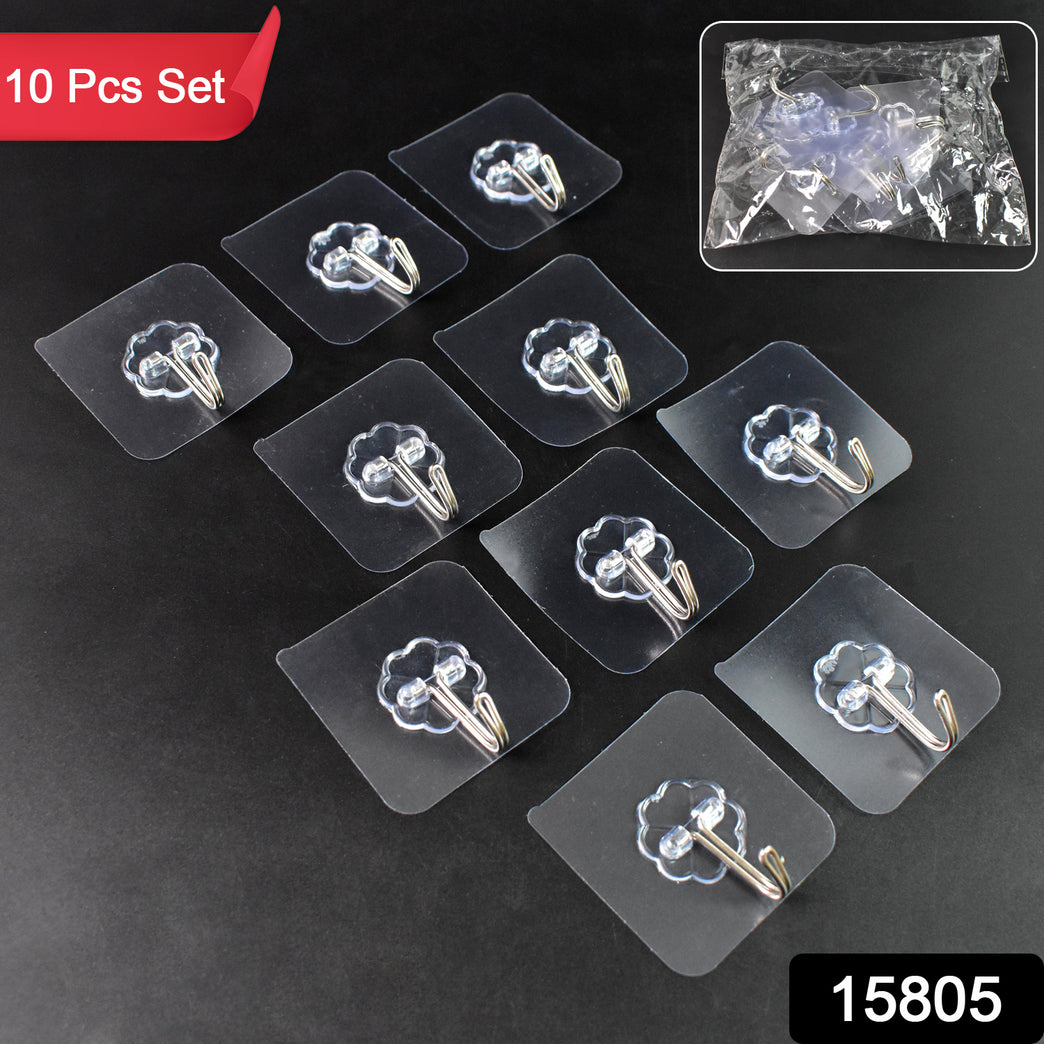Self Adhesive Transparent Sticky Plastic Stainless Steel Wall Hooks (10 Pcs Set)