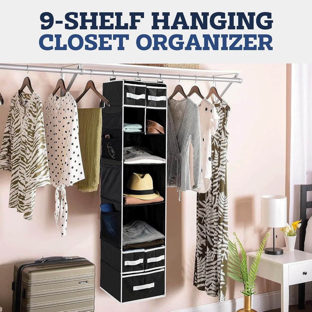 9 Shelf Hanging Closet Organizer With 5 Drawer Organizers
