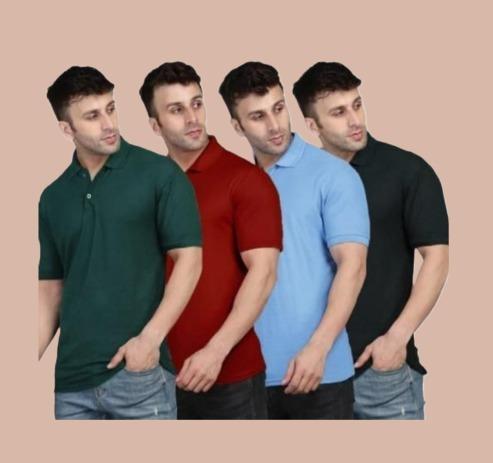 Cotton Solid Mens Polo Neck T-Shirt (Pack of 4)