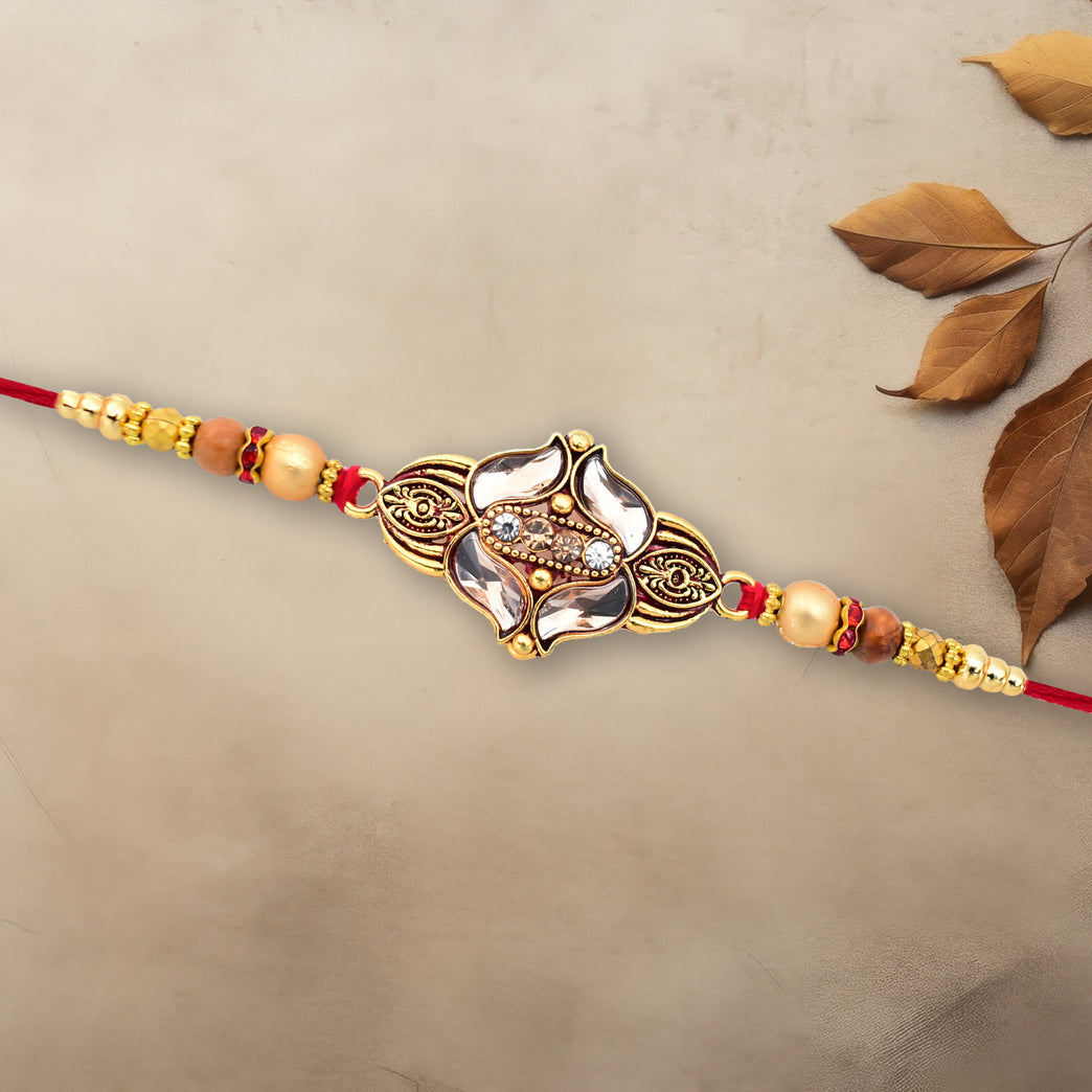 Elegant Floral Designer Rakhi With Gold-toned Beads Red Thread