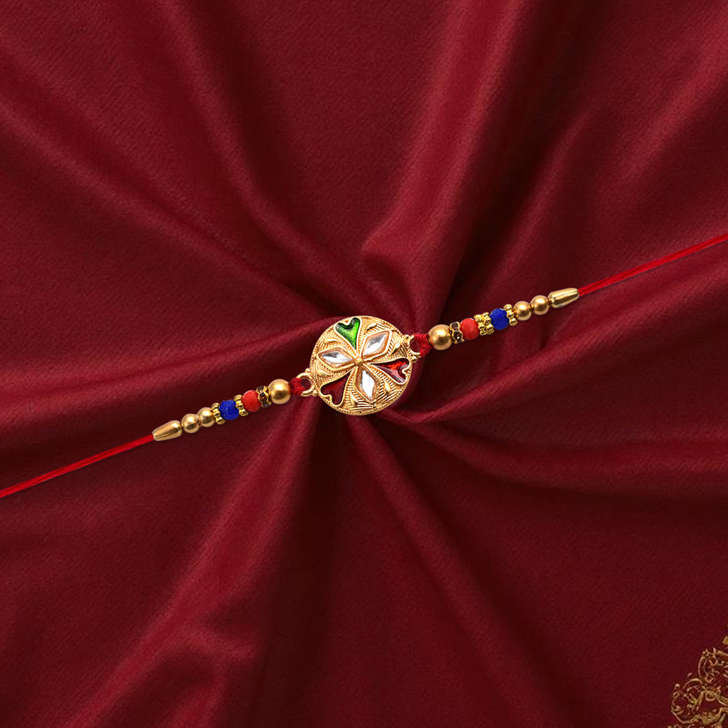 Designer Floral Rakhi With Mirror Work Colorful Beads On Red Thread