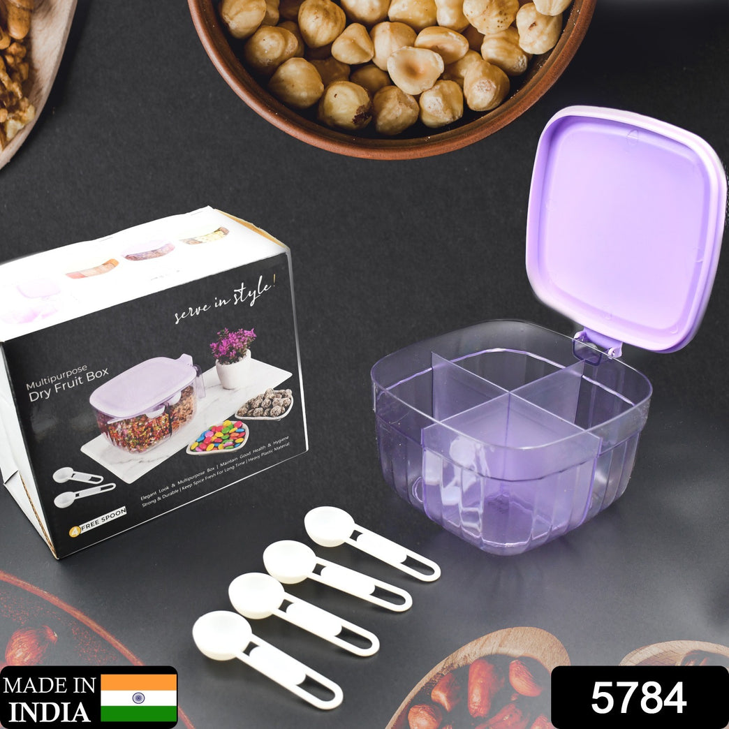 5784 Multipurpose Dry Fruit Set Chocolate Snacks Storage Box Masala Box For Home And Kitchen Airtight Dry Fruit Plastic Storage Container Tray Set With Lid 4 Compartment 4 Spoon Container For Sweetschipscookies (1 Pc )