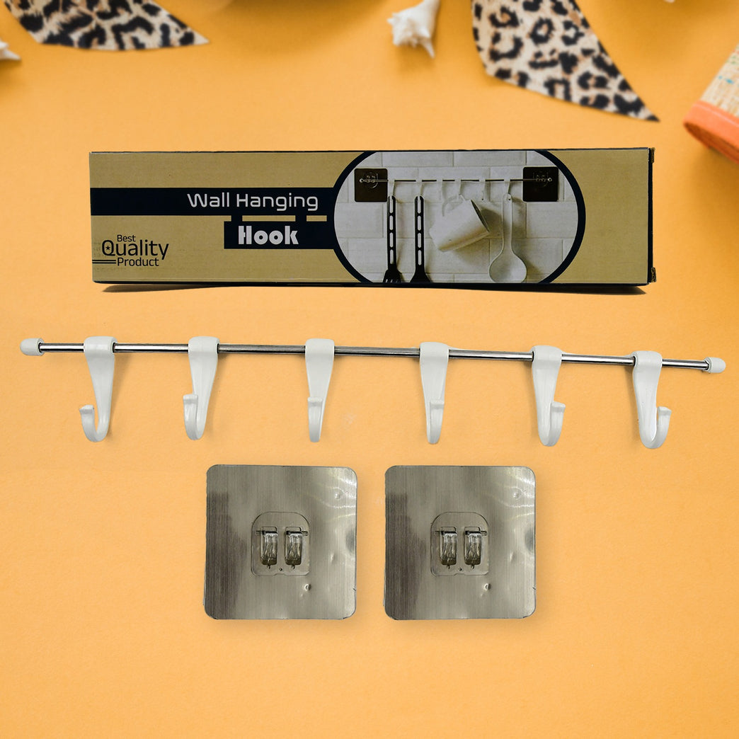 17968 Stainless Steel Utensil Hanger Rail Nail Free Wall Mount With 2 Magic Stickers 6 Plastic Hooks For Kitchen