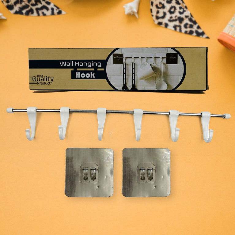 17968 Stainless Steel Utensil Hanger Rail Nail Free Wall Mount With 2 Magic Stickers 6 Plastic Hooks For Kitchen