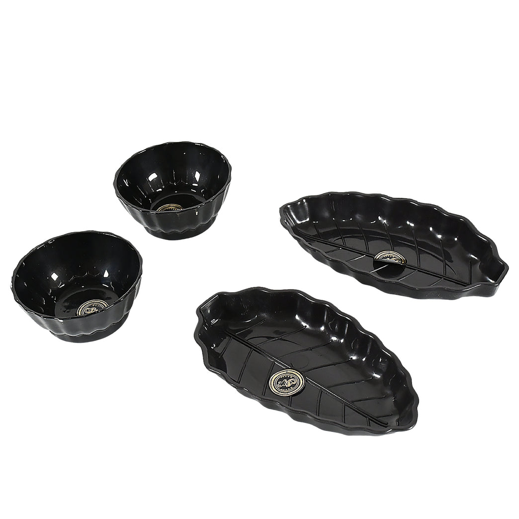 8230 Ertiga Round Ceramic Bowl With Plastic Leaf Shape Serving Platter Portable Lightweight Breakfast Serving Bowl Highly Durable Material Ideal For Rice Pasta Desserts Home Kitchen Serving Bowl Platter (4 Pcs Set)