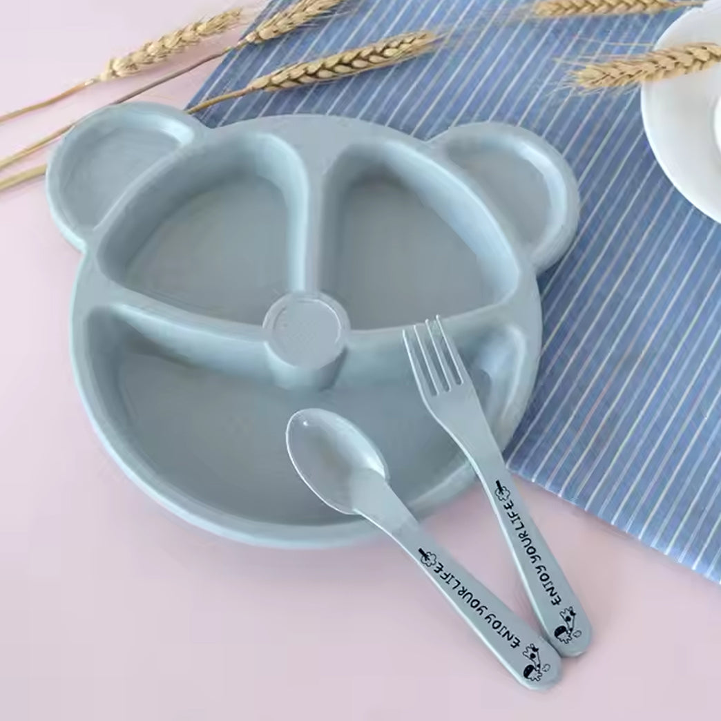 Kids 3 Compartment Food Tray Plates With Spoon Fork (1 Set)