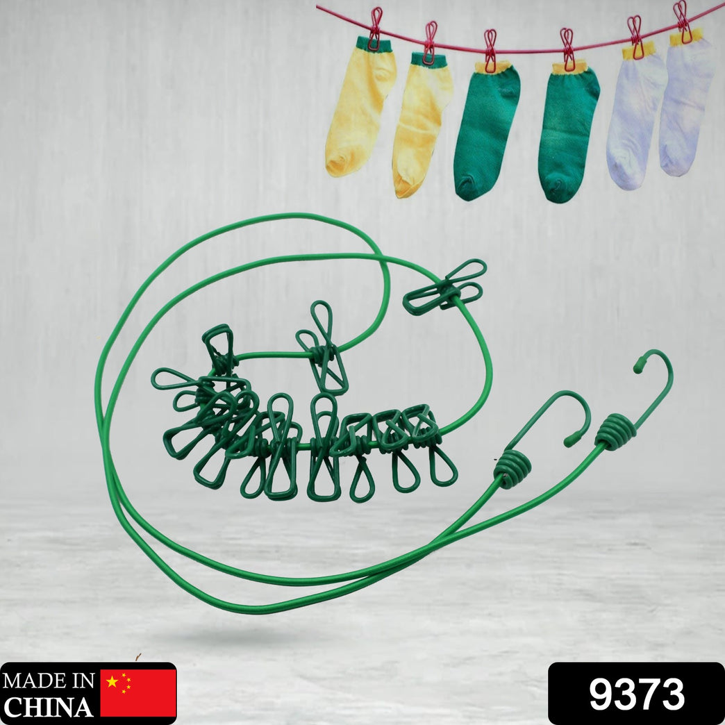 9373 Elastic Cloth Drying Rope With 12 Metal Clip Portable Clothes Line For Home Travel