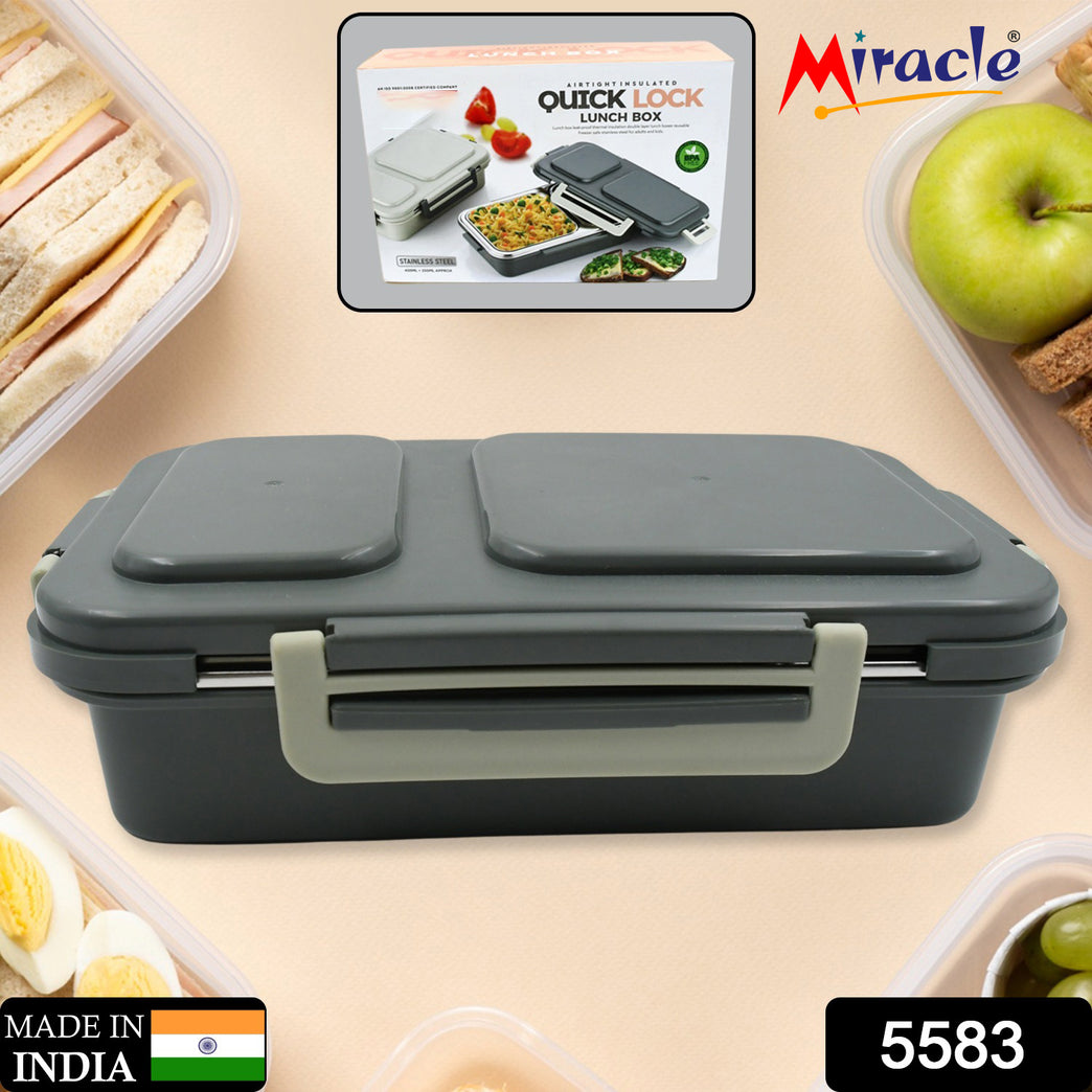 5583 Miracle Quick Lock Leak Proof 2 Compartment Stainless Steel Lunch Box Inner Plate Reusable Microwave Freezer Safe Lunch Box Trendy Thermal Insulation Leak Proof For Office Vacuum Tiffin Box For Boys Girls School Office Women And Men
