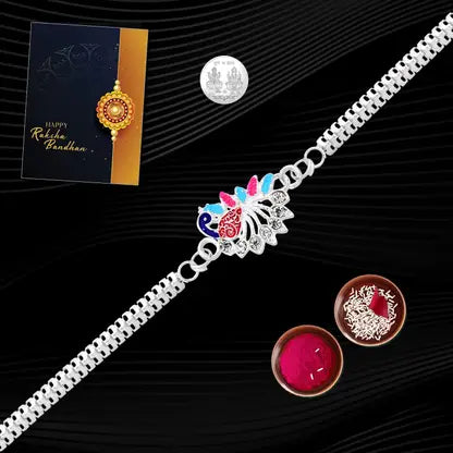 Single Designer Peacock Rakhi For Brother Includes Silver Coin Roli Chawal Greeting Card