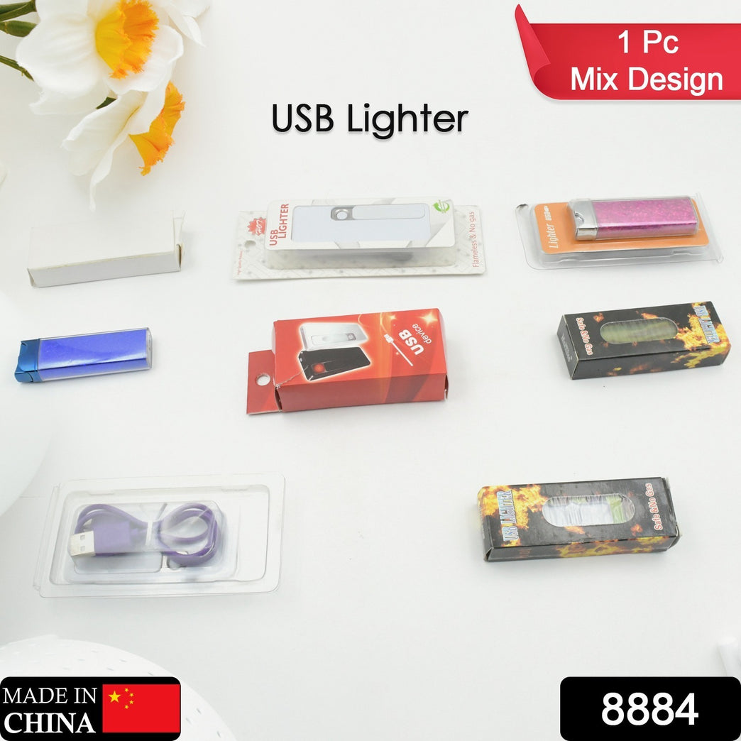 8884 Stylish Electric Usb Lighter For Men Women Regular Cigarettes Portable Usb Rechargeable Flameless Coil Slim Cigarette Lighter With Charging Cable Windproof E Lighter Lighter For Smoking (1 Pc Mix Deisign Color )