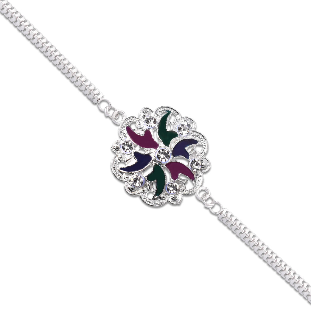 Silver Floral Rakhi With Multicolor Enamel Chain Band