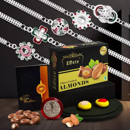 Rakhi Gift Set Of 5 For Brother Designer Rakhi Combo With Choco-coated Almonds Silver Coin Roli Chawal Greeting Card