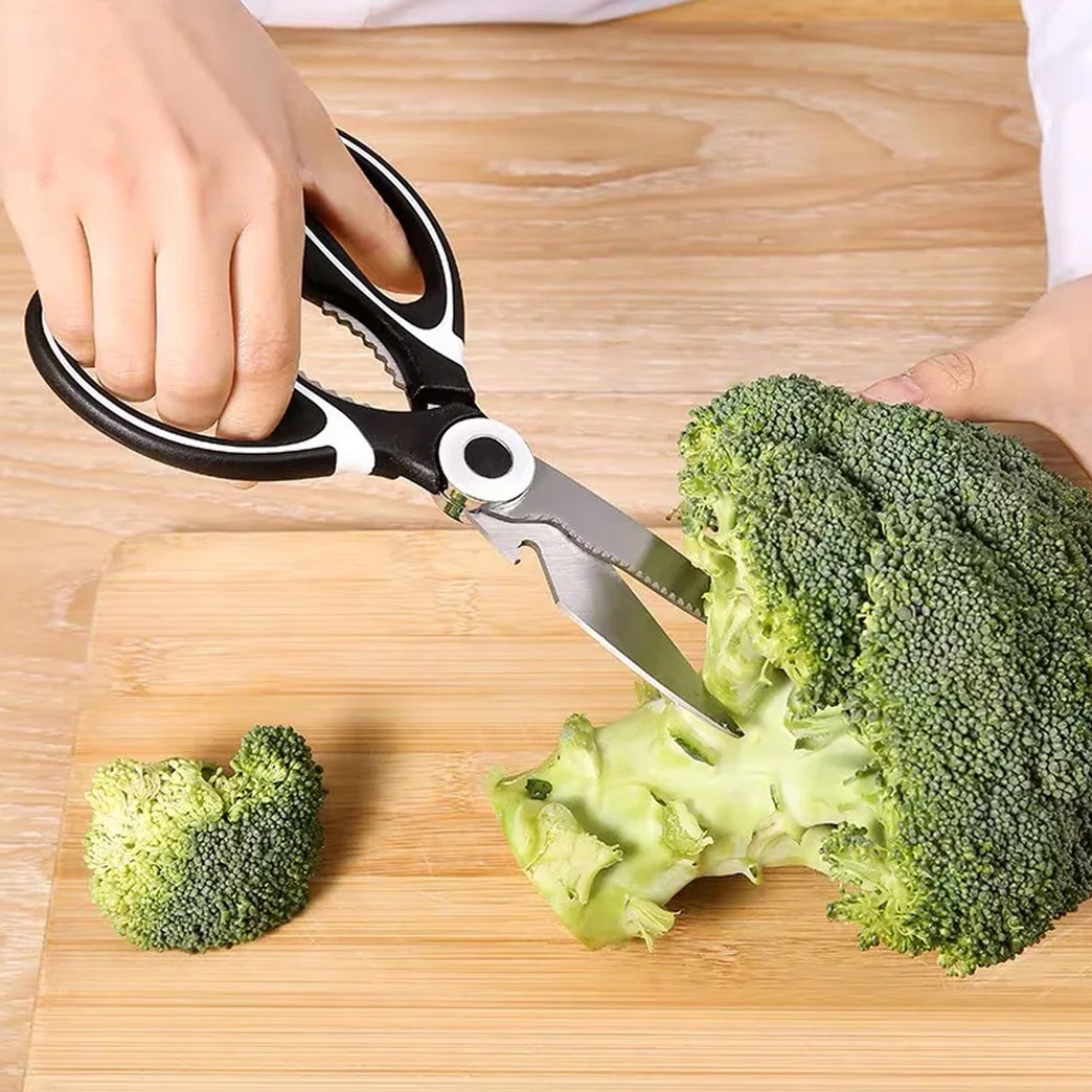 3 In1 Multi-function Kitchen Household For Vegetables Fruit Cheese Meat Slices With Bottle Opener Stainless Steel Sea Food Scissor (1 Pc )