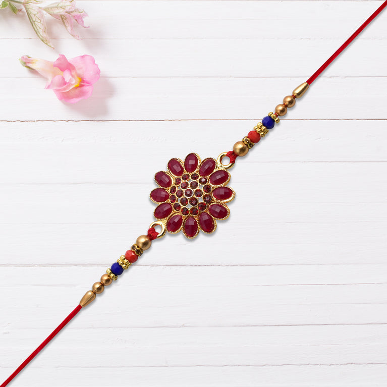 Red Floral Stone Rakhi With Bead Accents