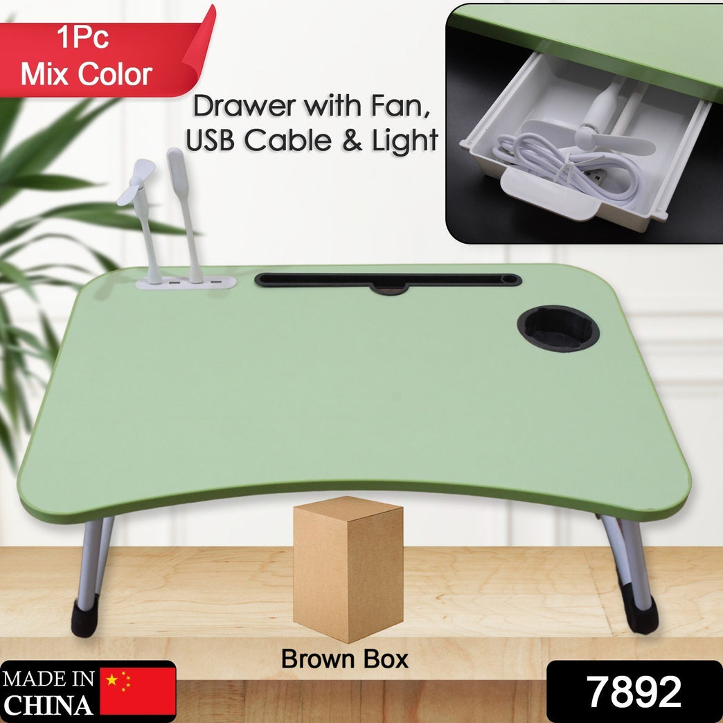 7892 Multipurpose Study Table Foldable Portable Notebook Bed Lap Desk Tray Stand Reading Holder With Coffee Cup Slot Drawer Fan Usb Cable Light For Breakfast Reading Movie Watching (1 Pc Mix Color)