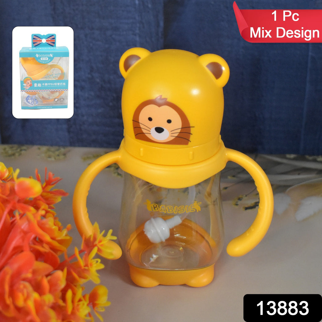 Baby Feeding Bottle With Handles Straw (Mix Design Size Color 1 Pc)