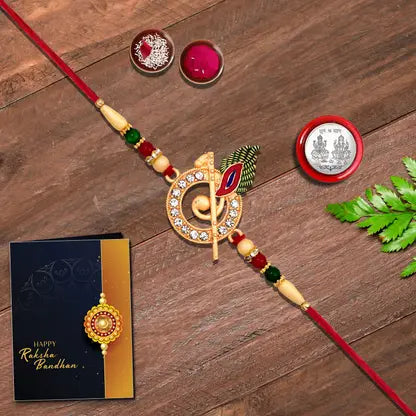 Single Designer Krishna Rakhi For Brother Includes Silver Coin Roli Chawal Greeting Card