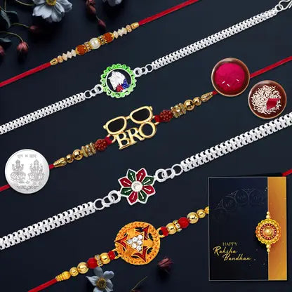 Premium Rakhi Set Of 5 For Brother Stylish Combo With Silver Plated Coin Roli Chawal Greeting Card