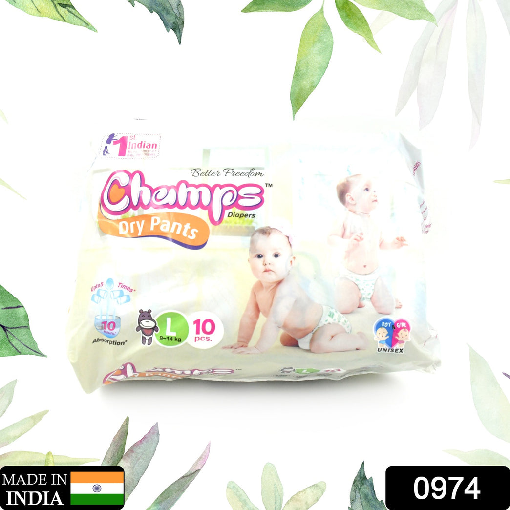 0974 Large Champs Dry Pants Style Diaper- Large (10 Pcs) Best For Travel Absorption Champs Baby Diapers Champs Soft And Dry Baby Diaper Pants (L10 Pcs )