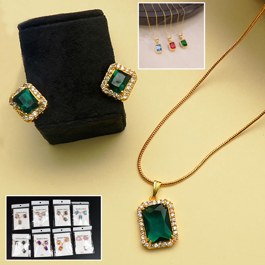 Stone Pendant Necklace Chain Set With Earrings (1 Set Mix Color Design)
