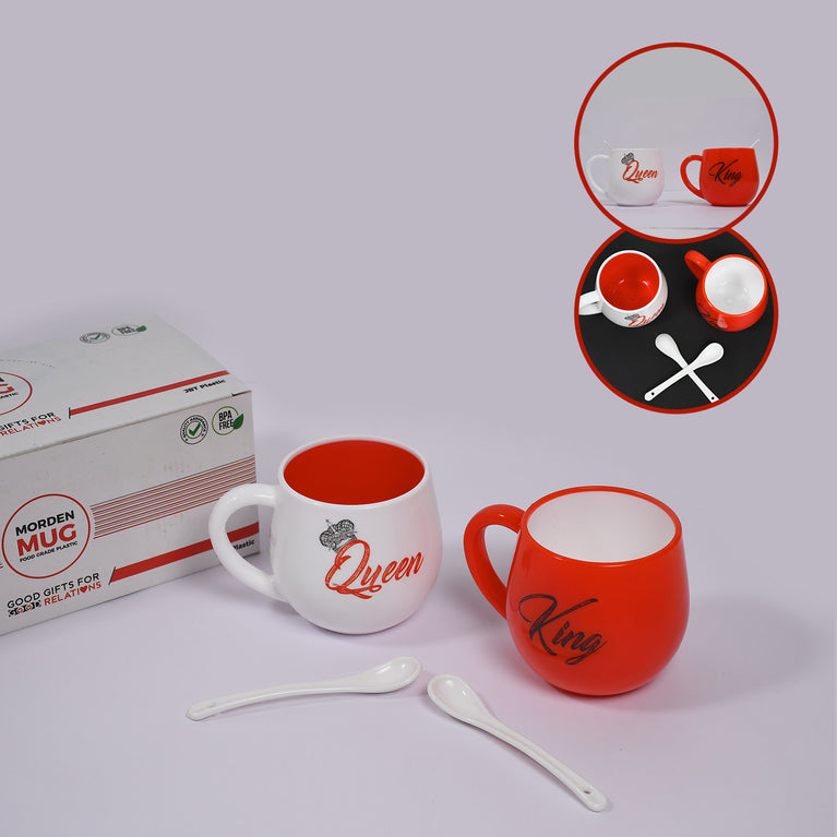 4764 King Queen Printed Couple Matching Coffeetea Plastic Coffee Mug (300ml Set Of 2)