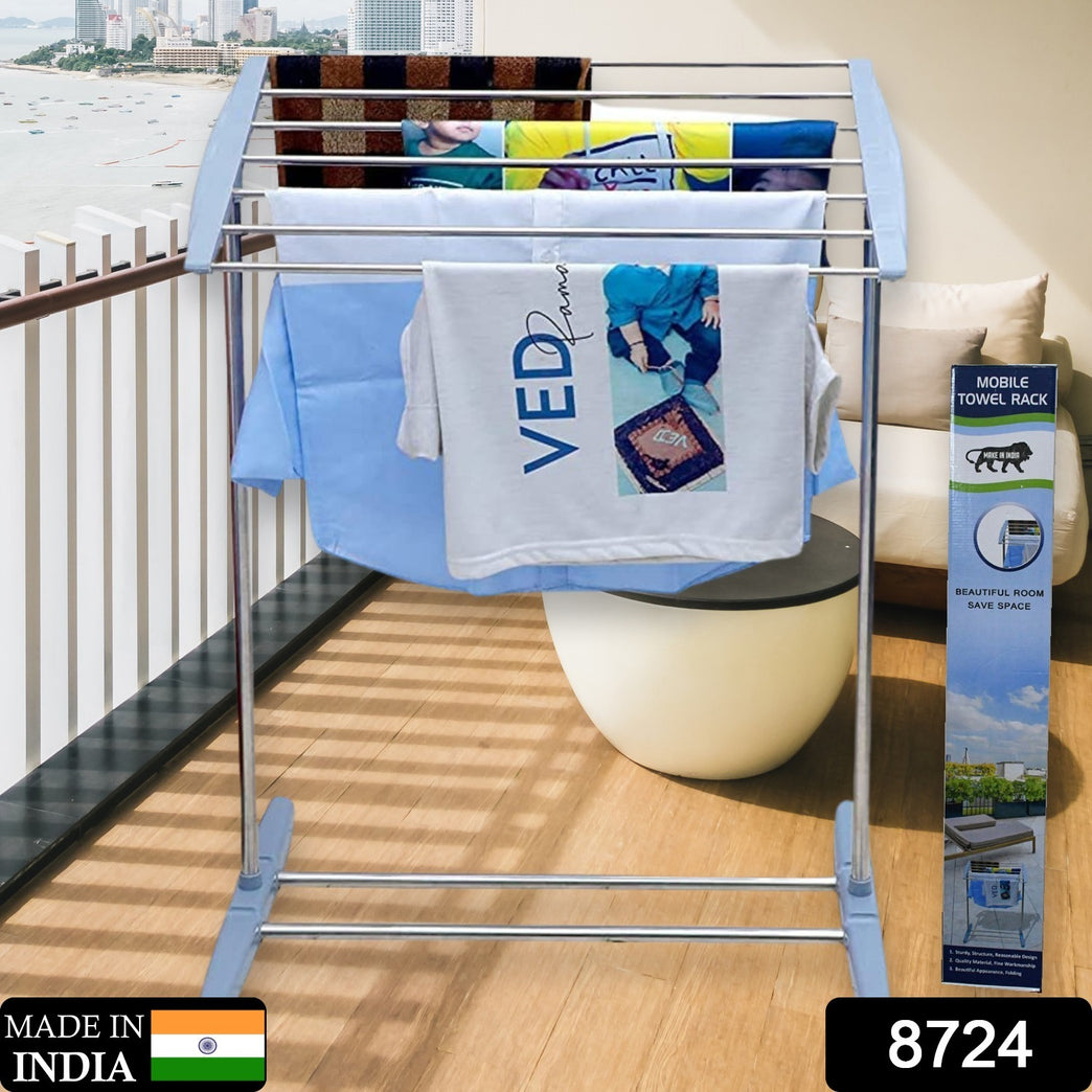 8724 Multi-functional Single Tier Mobile Towel Foldable Rack For Cloth And Towel Stainless Steel And Plastic Made Mobile Towel And Cloth Rack Holder Indoor Outdoor Standing Movable Cloth Dryer Rack Balcony Cloth Drying Stand