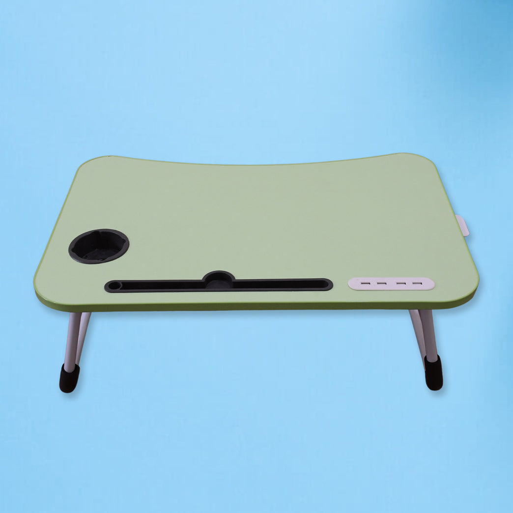 7892 Multipurpose Study Table Foldable Portable Notebook Bed Lap Desk Tray Stand Reading Holder With Coffee Cup Slot Drawer Fan Usb Cable Light For Breakfast Reading Movie Watching (1 Pc Mix Color)