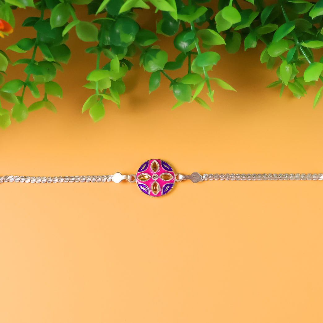 1 Pc Rakhi With Silver Finish Chain Designer Bracelet Rakhi