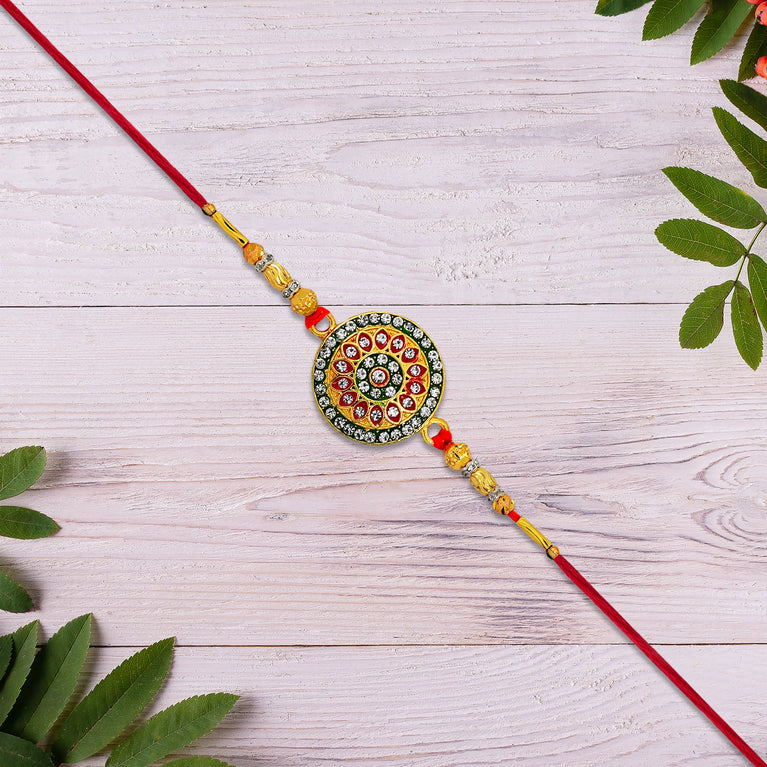 Royal Designer Rakhi With Kundan Centerpiece Red Green Enamel Work And Golden Beads