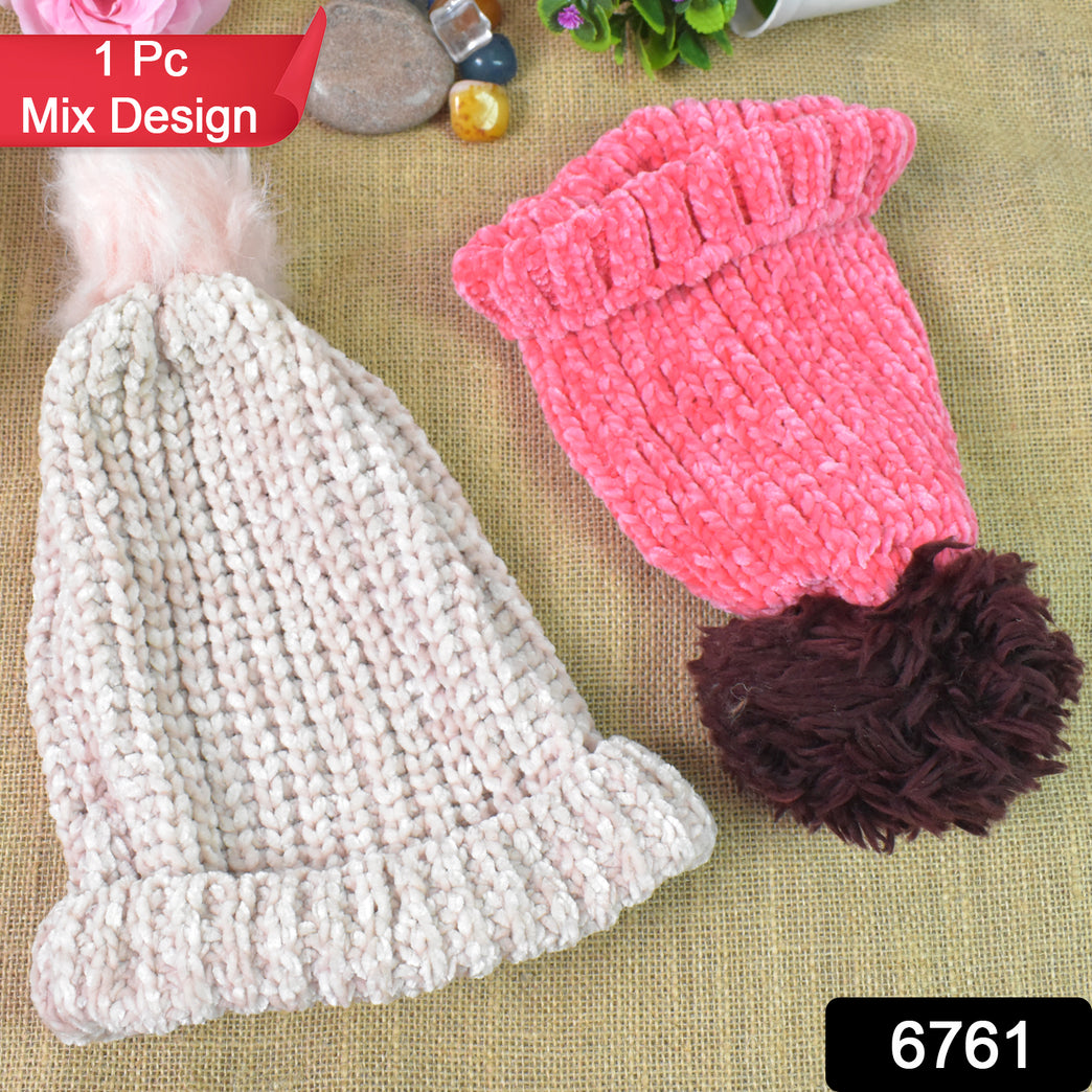Soft Winter Cap Woolen Inside Fur Beanie Cap (1 Pc Mix Design Color)