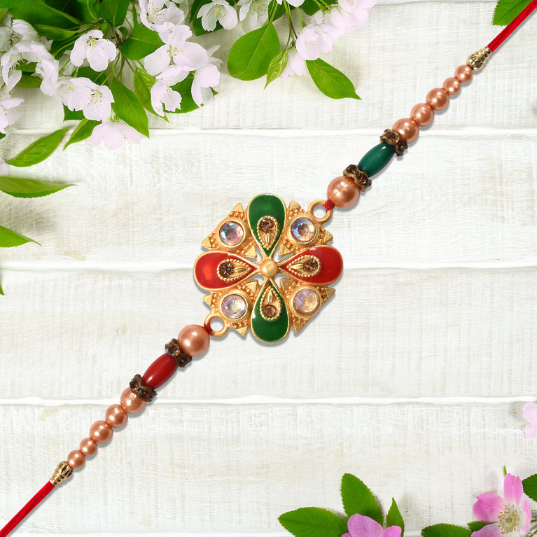 Elegant Meenakari Rakhi With Red-green Enamel Stones
