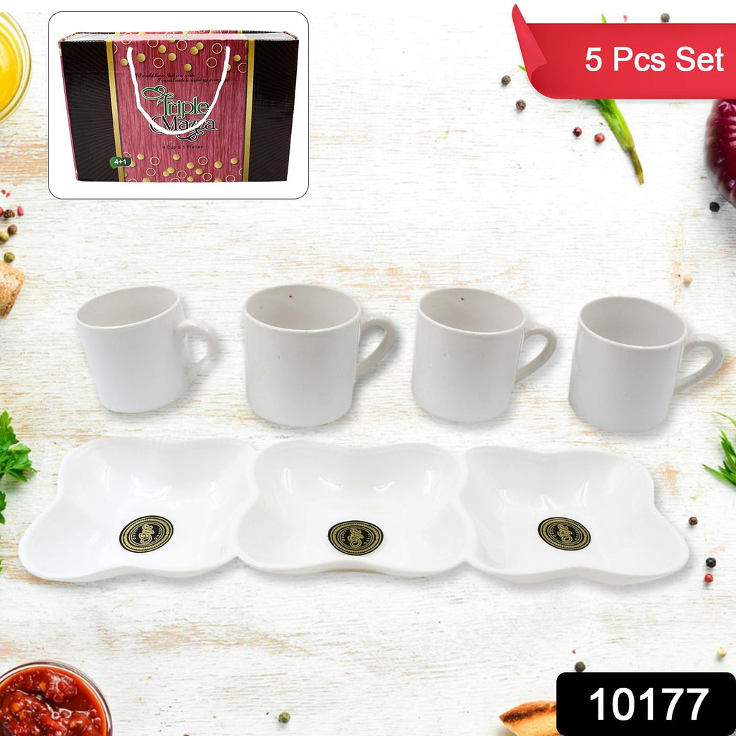 Triple Mazza Ceramic Tea Cups Set Including 3 Compartment Plastic Serving Platter (4 Pcs Set)