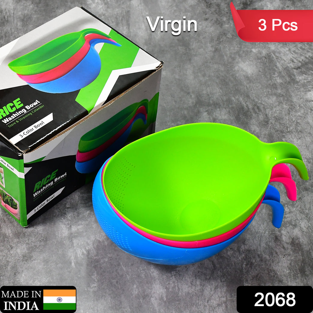 2068 Plastic Rice Bowlfood Strainer Thick Drain Basket With Handle For Rice Vegetable Fruit (Set Of 3pcs)
