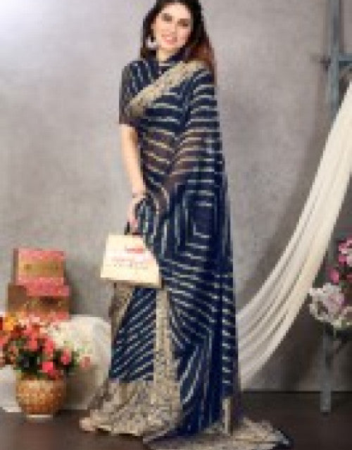 Printed, Striped Leheria Chiffon, Georgette Saree (Dark Blue)