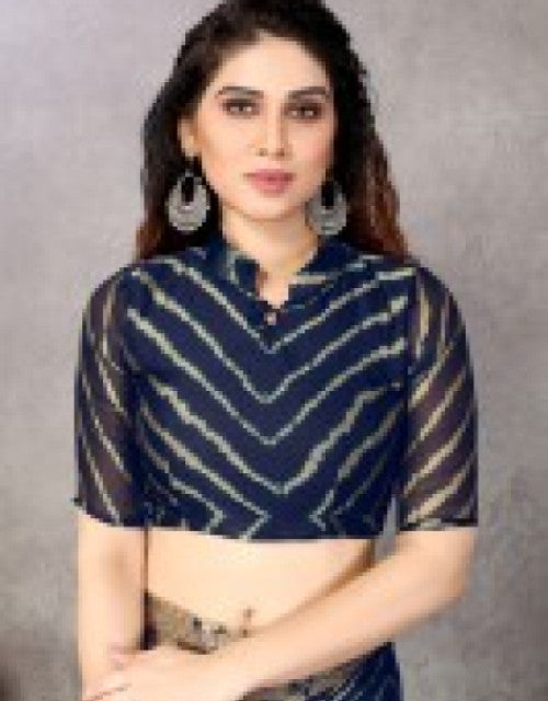 Printed, Striped Leheria Chiffon, Georgette Saree (Dark Blue)