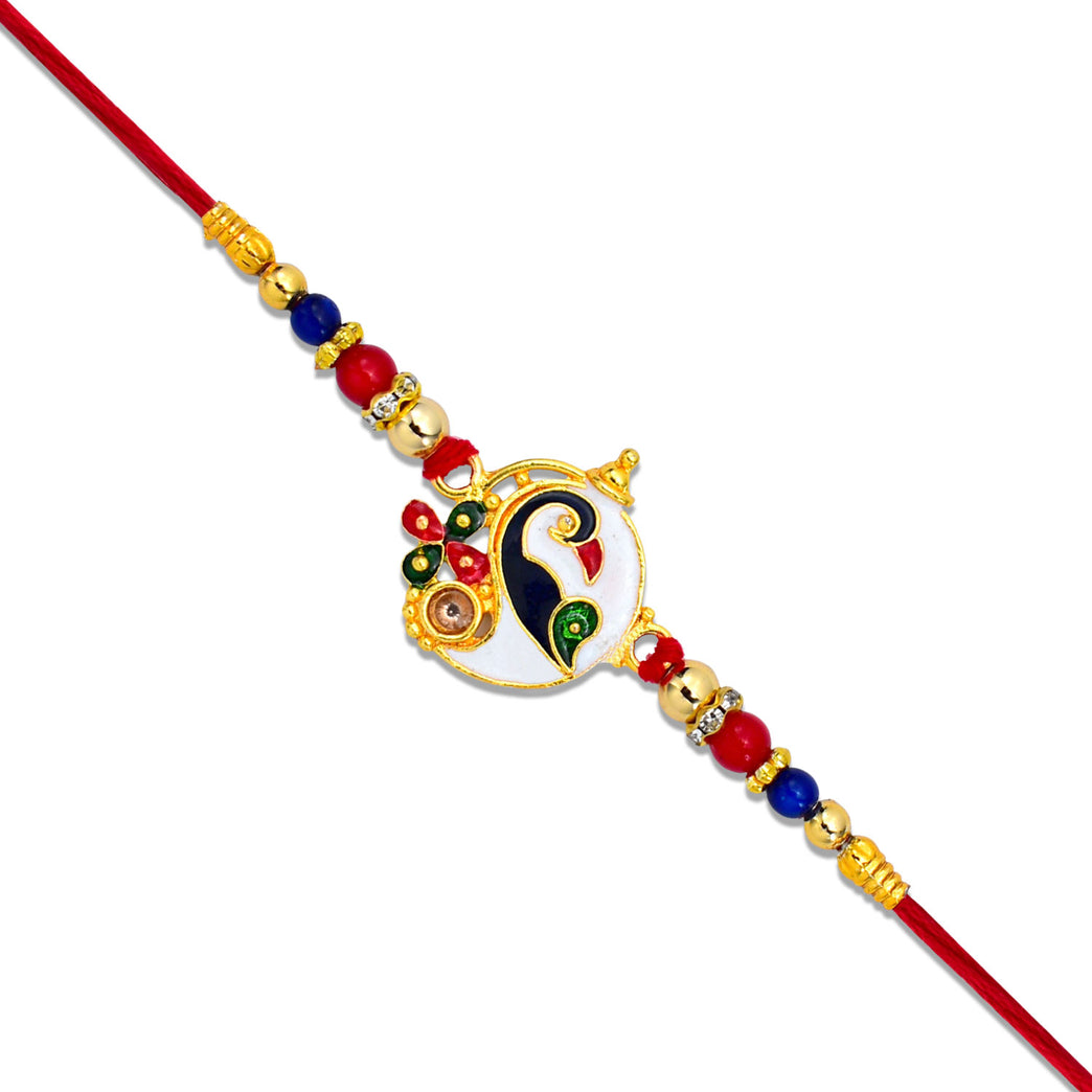 Designer Ganesh Rakhi With Enamel Work Color Beads