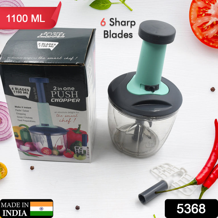 5368 1100 Ml 2 In 1 Push Up Chopper With Blender Affixed With 6 Sharp Blade Vegetable And Fruit Cutter With Easy Push And Chop Button