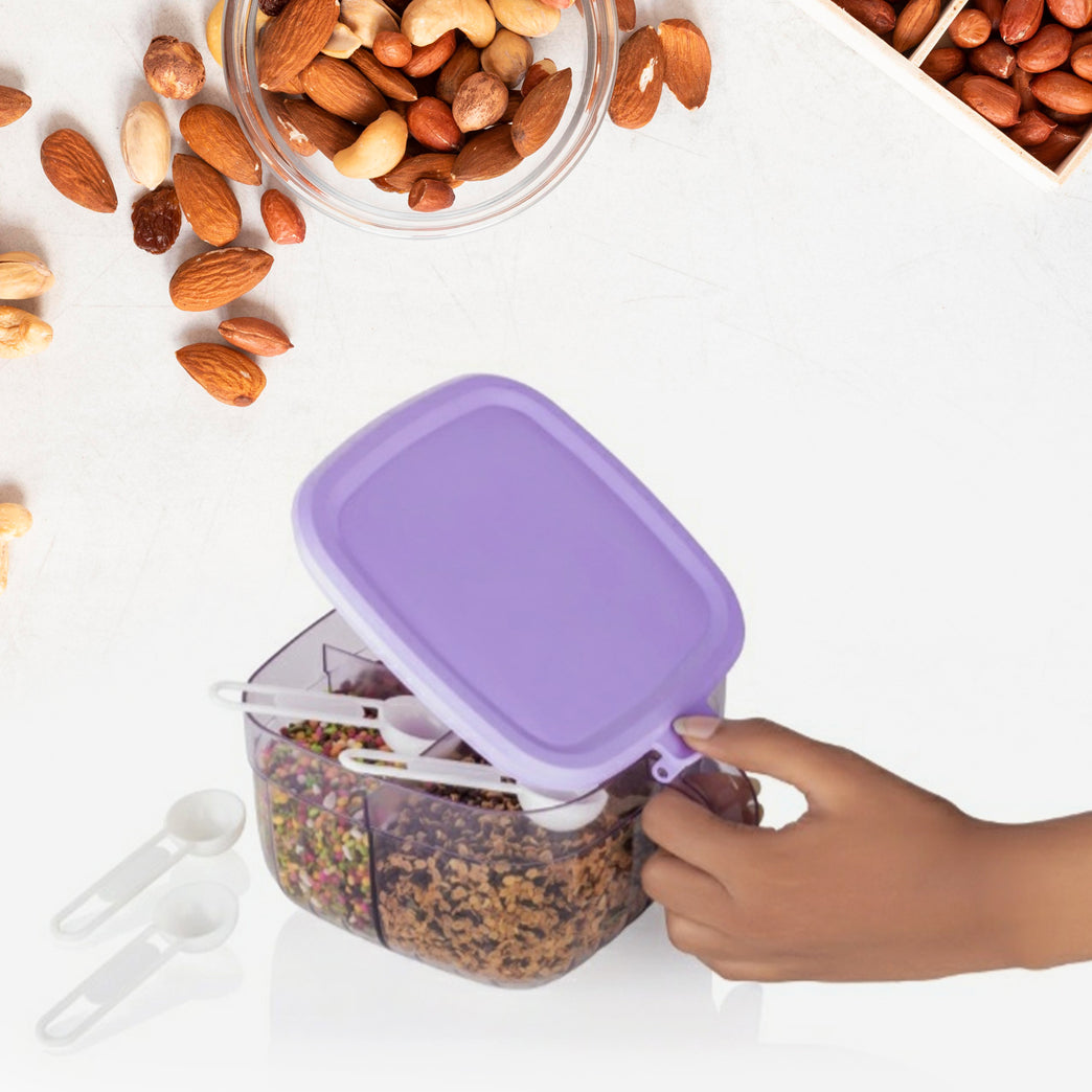 5784 Multipurpose Dry Fruit Set Chocolate Snacks Storage Box Masala Box For Home And Kitchen Airtight Dry Fruit Plastic Storage Container Tray Set With Lid 4 Compartment 4 Spoon Container For Sweetschipscookies (1 Pc )