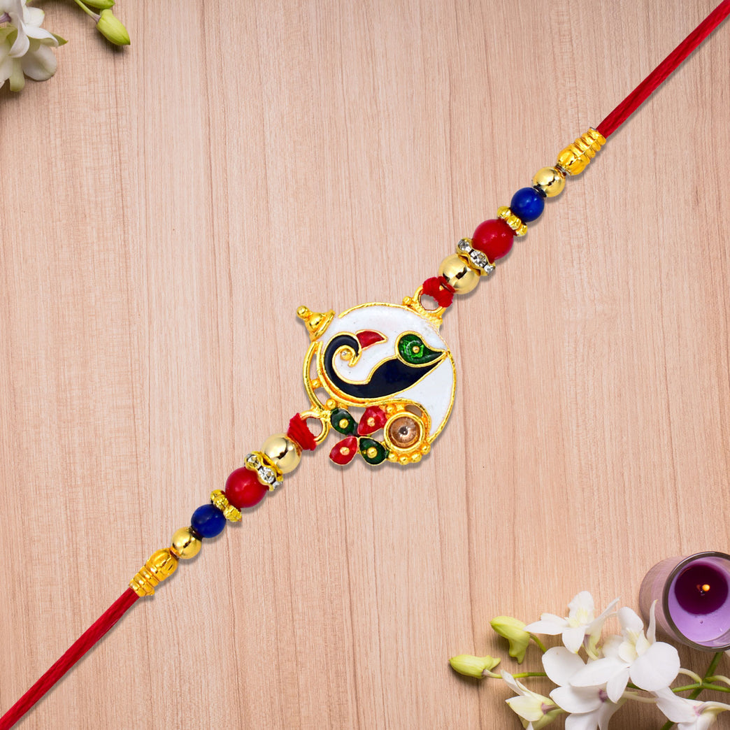 Designer Ganesh Rakhi With Enamel Work Color Beads