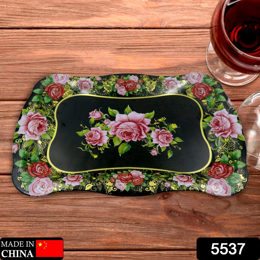 5537 Stainless Steel Serving Tray With Flower Printed Rectangle Premium Dining Table Plate (18 X 8.5 Inch 1 Pc)