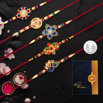 Set Of 5 Fancy Rakhis For Brother Designer Floral Rakhi Combo With Silver Coin Roli Chawal Greeting Card