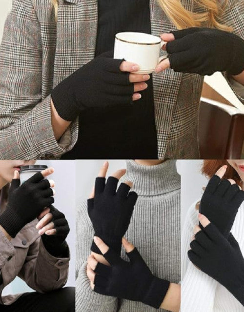 2 Pair Half Finger Gloves Winter Knit Touchscreen Warm Stretchy Mittens Fingerless Gloves in Common Size for Men and Women,black