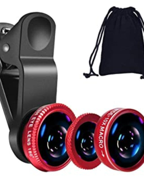 3 in 1 Set Mobile Professional HD Camera Lens: 180° Fisheye Lens + Wide Angle+ 10x MM Macro Lens with Bag Clip Holder Kit for All Smart Phones